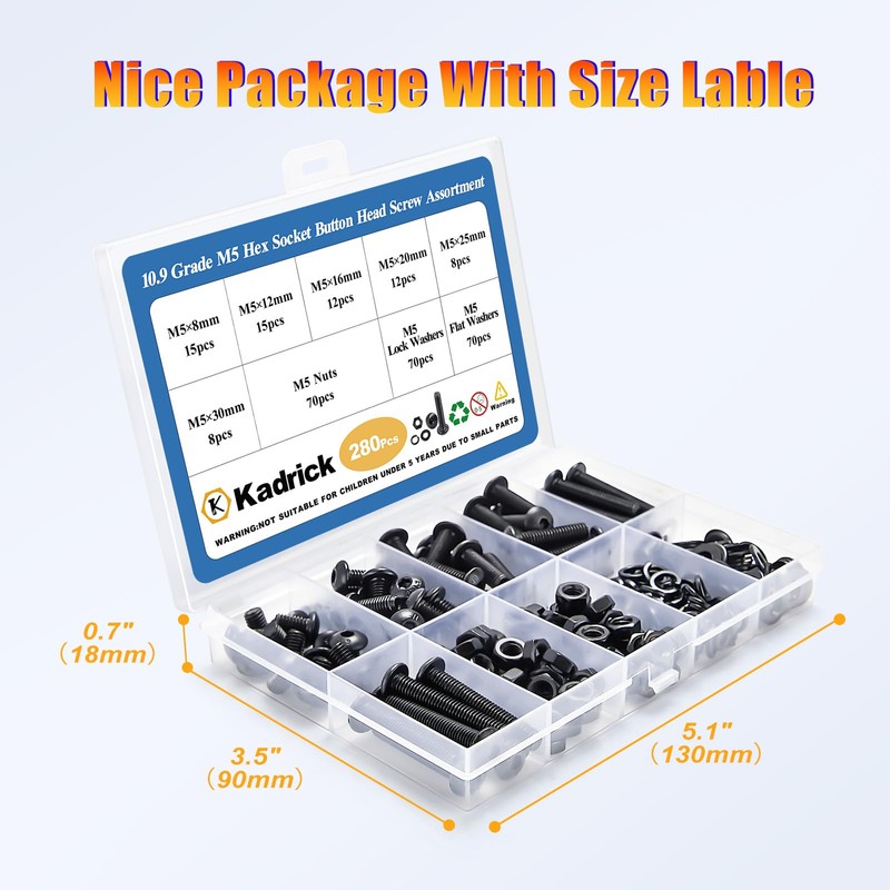 Kadrick Metric Screw Assortment, 280PCS Metric Bolt Assortment Kit M5