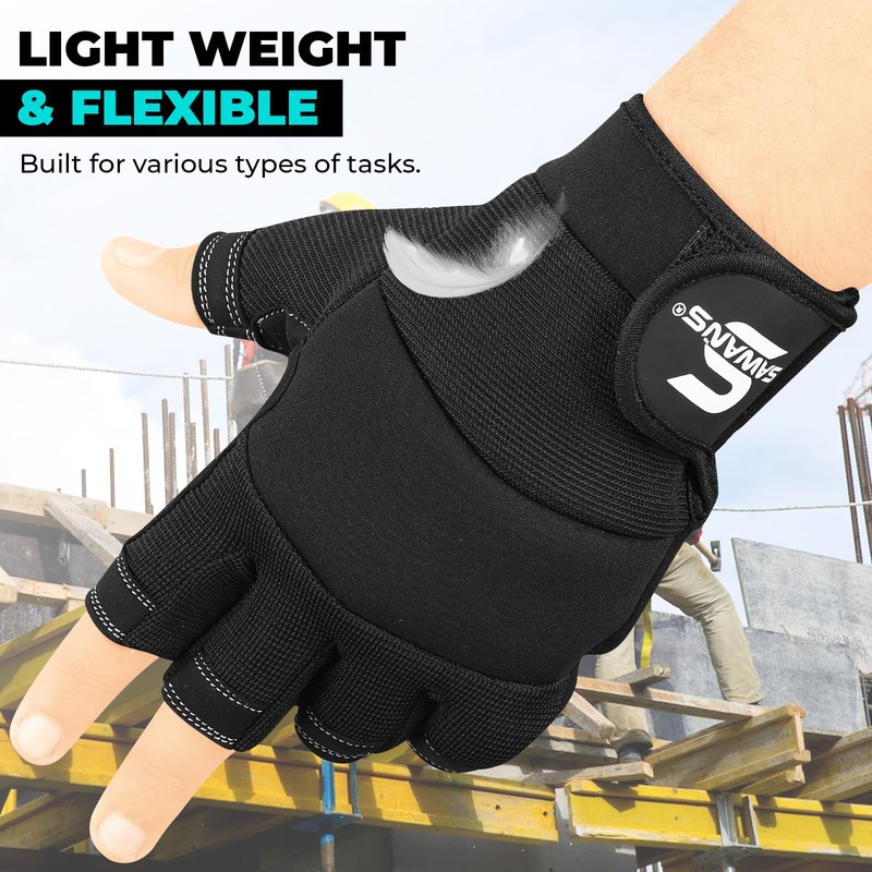 SAWANS Fingerless Working Gloves for Men Performance Heavy Duty Half-Finger