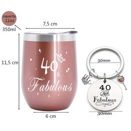 Edelstahl Kaffeebecher mit Gravur, 40. Geburtstag Geschenk für Frauen, 40&Fabulous Thermobecher, Inspirierend Geschenk für Frauen, Freundin, 350ml Roségold Kaffeetasse mit Schlüsselanhänger