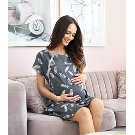MijaCulture 4123 3-in-1 Delivery Hospital Gown / Nursing Nightdress / Maternity Nightwear - Graphite / with feathers, size: x-large