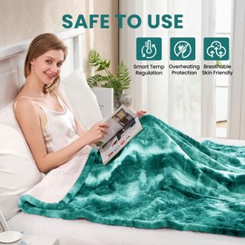 PTQ Electric Heated Blanket 62"x84",Luxury Green Twin Faux Fur Electric Blanket,Fast Heating Soft Fluffy Thick Electric Blanket with 6 Heating Levels & 10H Auto Off
