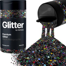 Hemway Black Holographic 5 Size Glitter Mix 120g/4.2oz Fine Chunky Metallic Resin Craft Multi-Size Glitter Flake Sequin Shaker for Epoxy, Hair Face Body Eye Nail Art Festival, DIY Party Decorations