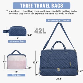 3 Pack Travel Duffle Bag, Weekend Bags for Women with Shoe Compartment, Large Toiletry Personal Item Travel Carry on Bags with Wet Pocket, Gym Overnight Hospital Bag for Delivery Business Navy Blue