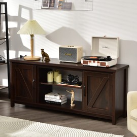 Tangkula Barn Door TV Stand, TV Console Table for TVs up to 65 Inch, Media Entertainment Center with 2 Cabinets & Adjustable Shelves, Wooden TV Stand for 25-Inch Fireplace (Not Included) (Coffee)