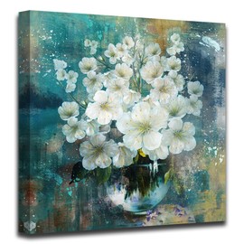 Anolyfi Bathroom Botanical Florals Prints Wall Art Rustic White Flowers Plants Canvas Painting Teal Picture Abstract Artwork Framed for Nursery Bedroom Living Room Kitchen Office Home Decor 14"x14"