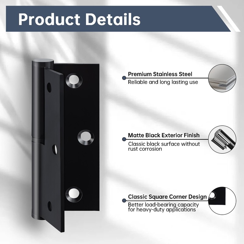 6 Pack Door Hinges Black Matte 3.5in x 2.5in Stainless