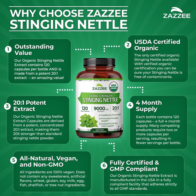 Zazzee USDA Organic Stinging Nettle Leaf 20:1 Extract, 120 Vegan