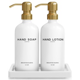 Luxury Glass Soap and Lotion Dispenser Set with Tray by Brighter Barns - Hand Soap Dispenser Bathroom Set & Stainless Steel Pump for Home or Airbnb - White and Gold Bathroom Accessories & Decor (Gold)