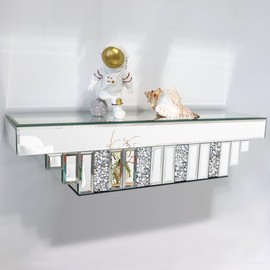 Mirrored Floating Shelf for Wall, Silver Mirror Crushed Diamond Decorative Wall Shelf for Home Decoration Crystal Diamond Wall Art Décor Accent Piece Showcase, 23" L×5.9" W×5.5" H