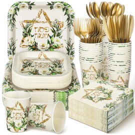 Suttmin Suttmin 350 Pcs Paper Plates and Napkins Set Disposable Dinnerware Party Supplies Tableware Set Serve 50 Guest Cups Knife Forks Spoon(Green,Gold,Passover)