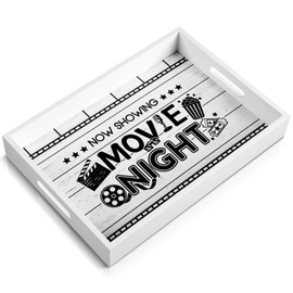 Teenyyou Movie Night Serving Tray with Handles Wooden Snack Storage Box Snack Rack for Countertop Storage Tray, Storage Basket for Home Kitchen Movie Night Party Supplies (White,Classic Movie Night)