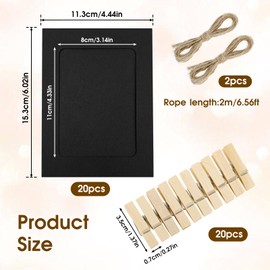 20 Pcs Paper Photo Frames, Paper Picture Frames Kraft Paper Picture Frames Hanging Photo Display Banner With Wooden Clips And String Diy Picture Frames For Wedding Party Classroom Wall Decor (Black)