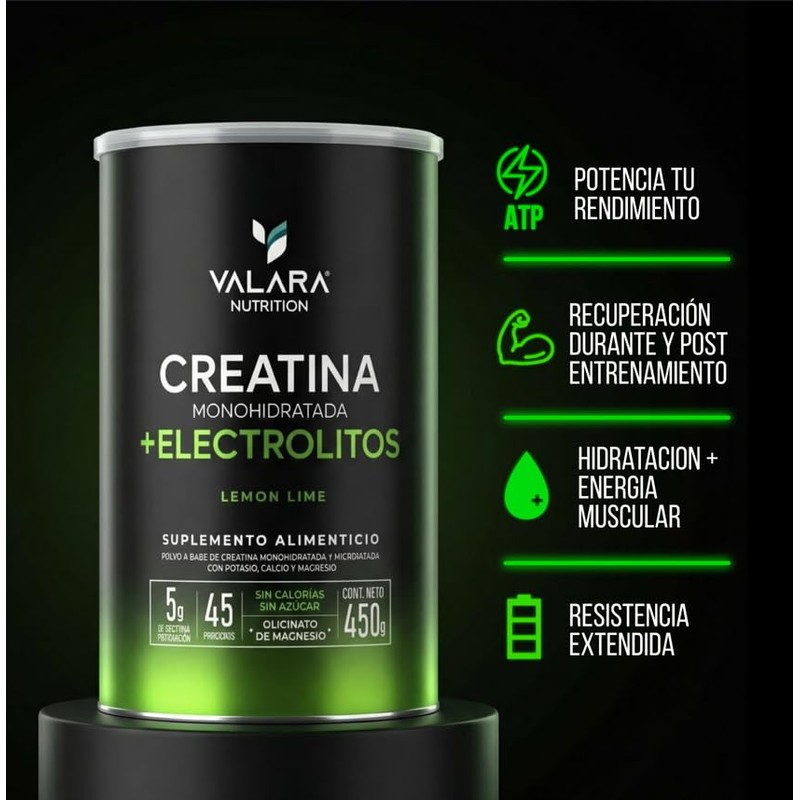 VALARA Creatina Monohidratada Adicionado Con Electrolitos En Polvo Limón