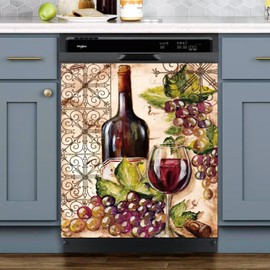 Vineyard Dishwasher Magnet Rustic Wine Bottle Dishwasher Cover, Red Wine Bottle for Refrigerator Magnet Grape Decal, Red Wine Fridge Door, Farmhouse Home Appliances Panels Stickers 23" Wx 26" H