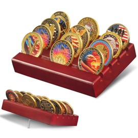 YRCKUDZKG Challenge Coin Display, Military Coin Holder Display with Solid Wood, 4 Rows Army Coin Display Case Rack Holds 12 Coins, Wooden Small Slotted Display Stands (Mahogany Finish)