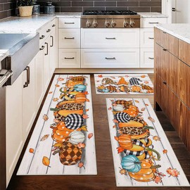Ileading Fall Kitchen Rugs Set of 3 Piece Fall Kitchen Mats for Floor with Non Slip Backing,Washable Fall Runner Rug for Sink Laundry Hallway Indoor Holiday Thanksgiving Decoration(Plaid Pumpkins)