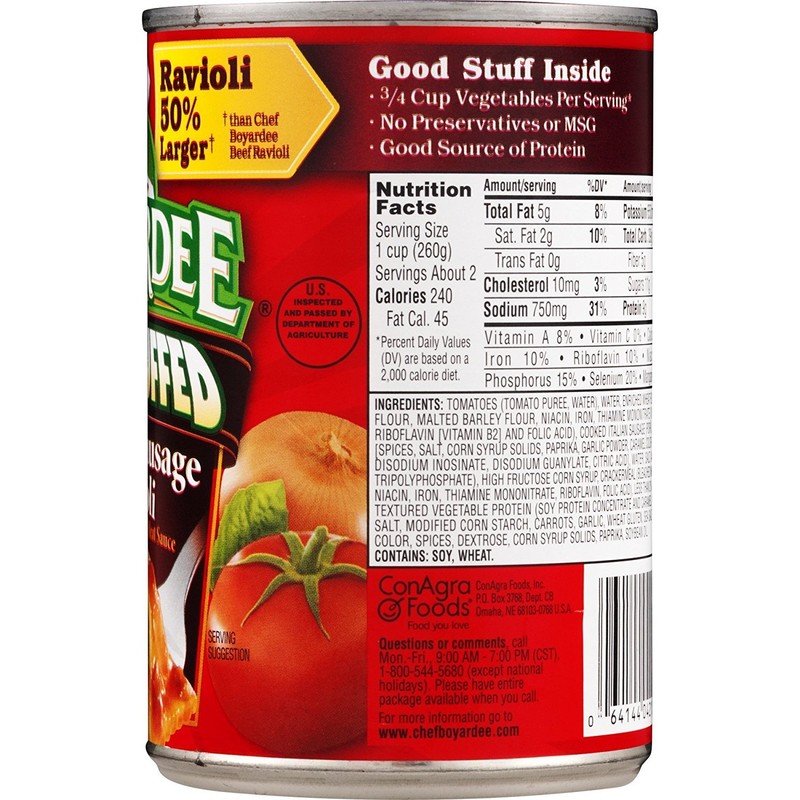Chef Boyardee, Big Overstuffed Italian Sausage Ravioli, 15oz Can (Pack