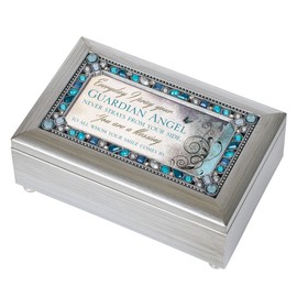Cottage Garden Pray Your Guardian Angel Never Strays Brushed Silvertone Jewelry Music Box Plays Amazing Grace