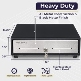 Volcora 13" Cash Register Drawer for Point of Sale (POS) System, 4 Bill 5 Coin Cash Tray, Black and Stainless Steel Front Cash Drawers, Removable Coin Compartment, 12-24V, RJ11/RJ12 Key-Lock