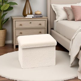 CAIPINFUL 16.5 Folding Storage Ottoman Cube - Small Footrest with Sherpa Top, Multi-Functional Storage for Bedroom, Living Room,White