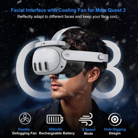 Upgrade Facial Interface Cooling Fan for Meta Quest 3, Breathable Ice Silk Cotton and Soft PU Leather Face Pad Compatible with Oculus Quest 3, Adjustable Fan to Relieve Lens Fogging (3 Speeds)