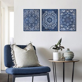 Mofutinpo Navy Blue Wall Decor with Talavera, Mandala, and Moroccan Art Prints - Vintage Wall Art for Bohemian, and Mexican Decor - Elegant Artistic Wall Decorations for Home