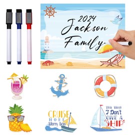 JoyAura Beach Cruise Door Magnets - 7 Pcs Tropical Pineapple Ship Cabin Magnetic Stickers, Funny Drink Boat Stateroom Decoration Decals for Carnival Party with 3 Pcs Erasable Pens
