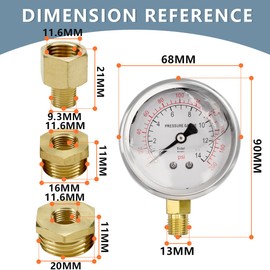 Innfeeltech 1-Pcs 60 mm Pressure Gauge BSP 1/4 Inch 0-14 Bar 0 ~ 200 Psi with 2 Pieces Socket 1/4 Inch to 3/8 Inch, 1/4 Inch to 1/2 Inch and 1 Piece Hex Nipple Reducing 1/4 Inch to 1/8 Inch, Teflon