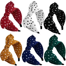 6Pcs Polka Dot Headbands for Women with Adjustable Bow Classic Rosie The Riveter Headband Wide Knotted Hairband for 1950s Pin Up Outfits Cute Polka Dot Hair Accessories for Daily Workouts