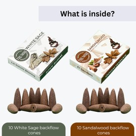 TRUMIRI Backflow Incense Cones - Combo Pack of 20 Incense Cones Waterfall - 10 White Sage + 10 Sandalwood - Incense Backflow Cones - Waterfall Incense Cones - Incense Waterfall Cones