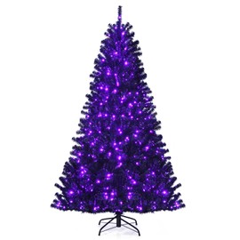 DORTALA Pre-lit Christmas Tree, 7FT Artificial Xmas Tree with 500 Purple LED Lights, 1096 Branch Tips, Foldable Metal Stand, Black
