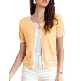 Women’s Short Sleeve Shrug Sweater Cropped Cardigan Crew Neck Open Front Button Down Cardigan Sweaters with Pockets