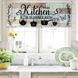 MESHELLY Teal Green Kitchen Curtains 52Wx18H Inch Rod Pocket Rustic Valance Farmhouse Wood Plank Vintage Country Butterfly Bedroom Window Drapes Quotes Printed Living Room Window Treatment 1 Panel