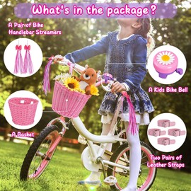 Inborntrait Kids Bike Basket Set, Girl Bike Basket Pink Handwoven, Bike Baskets for Kids, Children Cycling Basket with Spare Leather Straps, Bowknot Streamers and Bell Easy Install Detachable