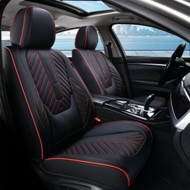 Coverado Car Seat Covers Full Set, Faux Leather Seat Covers for Car, Luxury Automotive Seat Covers Waterproof Car Seat Protector Universal Fit for Most Cars SUV Truck with Lumbar Support(Red Line)