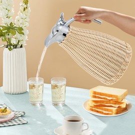 CNCEST Stainless Steel Coffee Thermal Jug, 1.5L/0.4 Gal Double Walled Vacuum Insualted Jug, 12-Hour Warm & 24-Hour Cold Retention Rattan Thermal Jug for Home, Coffee Shop (Beige)