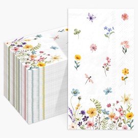 100PCS Spring Wildflower Paper Napkins Disposable Bathroom Hand Towels Green Wild Floral Guest Napkins Decorative Dinner Napkins for Spring Home Holiday Party Supplies