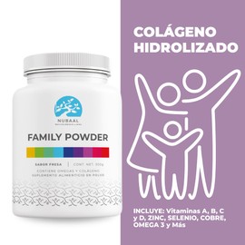 Colágeno Hidrolizado, vitaminas y minerales Family Powder de Nubaal Sabor Fresa (Colágeno Hidrolizado, Omega 3, Zinc, Hierro, B1, B6, Vitamina A&D, Acido Fólico)