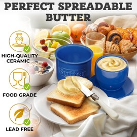 Premium Butter Crock with Lid - Original Design French Butter Dish - Beautiful Ceramic Butter Keeper for Counter with Water Line - Perfect to Keep Butter Soft and Spreadable - Dark Blue