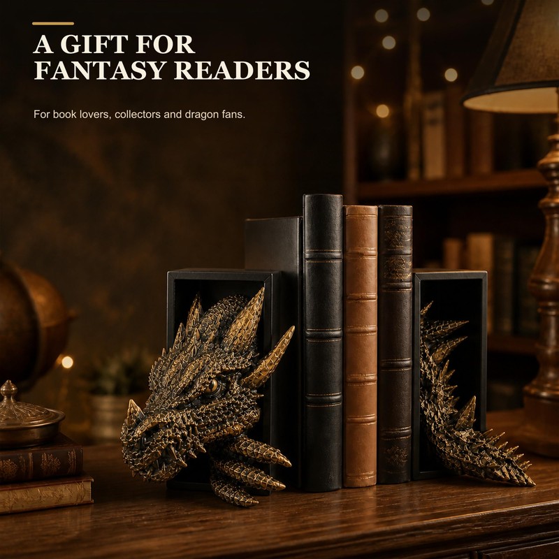 Dragon Bookshelf Decor, Gothic Fantasy Bookends for Home Office, Resin