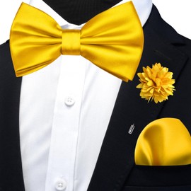 Branduce Yellow Bow Tie for Men Wedding Solid Satin Silk Bowties Pocket Square and Lapel Pin Brooch Set (BB07-13)