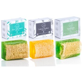 SABUN CO. [3 Pack] Aloe Vera, Argan Oil, Cedarwood Loofah Soap Bars - Natural Exfoliating Bars, Nourishing, Hydrating, Moisturizing Handmade Soap For Face and Body [4.4 oz - 125 gr x 3]