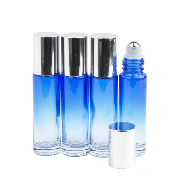 Grand Parfums Upscale 10ml Glass Blue Lagoon Ombre Gradient Roller Bottles with Shiny Silver Aluminum Caps and Stainless Steel Rollers (Set of 6 Bottles)