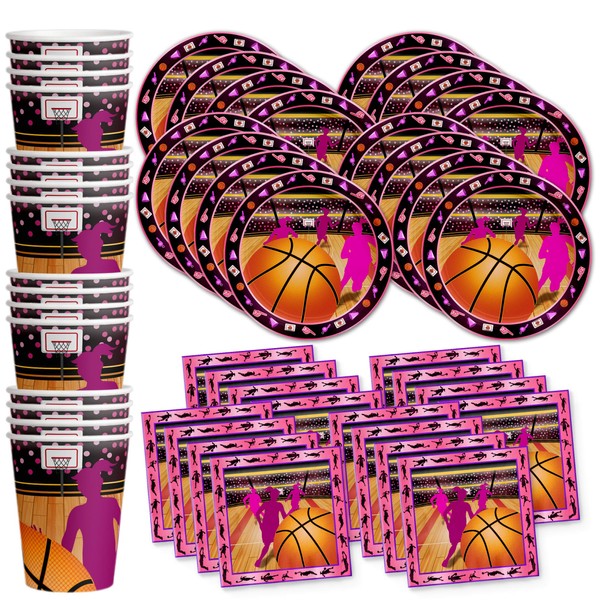 Pink Basketball Girl Birthday Party Supplies Set Plates Napkins Cups Tableware Kit for 16