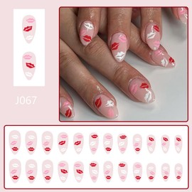 Kiss Press on Nails Medium Almond Fake Nails with Red, White, Pink Lips Design, 24pcs Glossy Valentine's Day False Nails, Reusable Love Nails for Women Girls Manicure