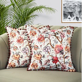 Royal Blaze Burgundy Designer Floral Pom Pom Throw Cushion Cover Set of 2 18x18 Inches Soft Satin Pillowcases