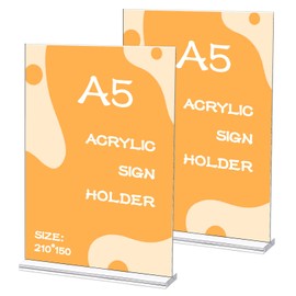 Pack of 2 A5 Table Stands, Price Tags, Table Stand, Acrylic T-Stand, Double-Sided Vertical Table Stand for Restaurants, Cafés, Offices, Brochures, Menu Card (21 x 14.8 cm)