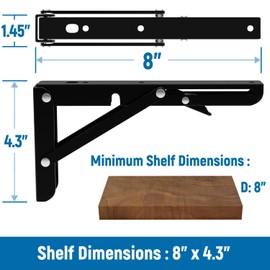 LEOPO 8 inch Folding Shelf Brackets, Heavy Duty Wall Mounted Shelf Bracket, 2 Pack, Black