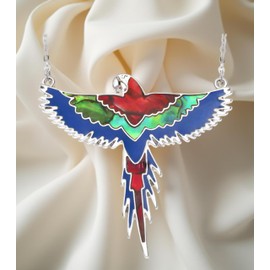 Colourful Macaw Parrot Necklace in Sterling Silver – Paua Shell Inlay Bird Pendant – Tropical Wildlife Statement Jewellery for Women – Nature-Inspired Jewellery Gift