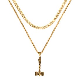 OIDEA Men's Viking Thor's Hammer Necklace: 2 Double Chains Curb Chain & Cord Chain with Axe Hammer Pendant Nordic Viking Jewellery Gift for Men Friend Father, Stainless Steel Gold